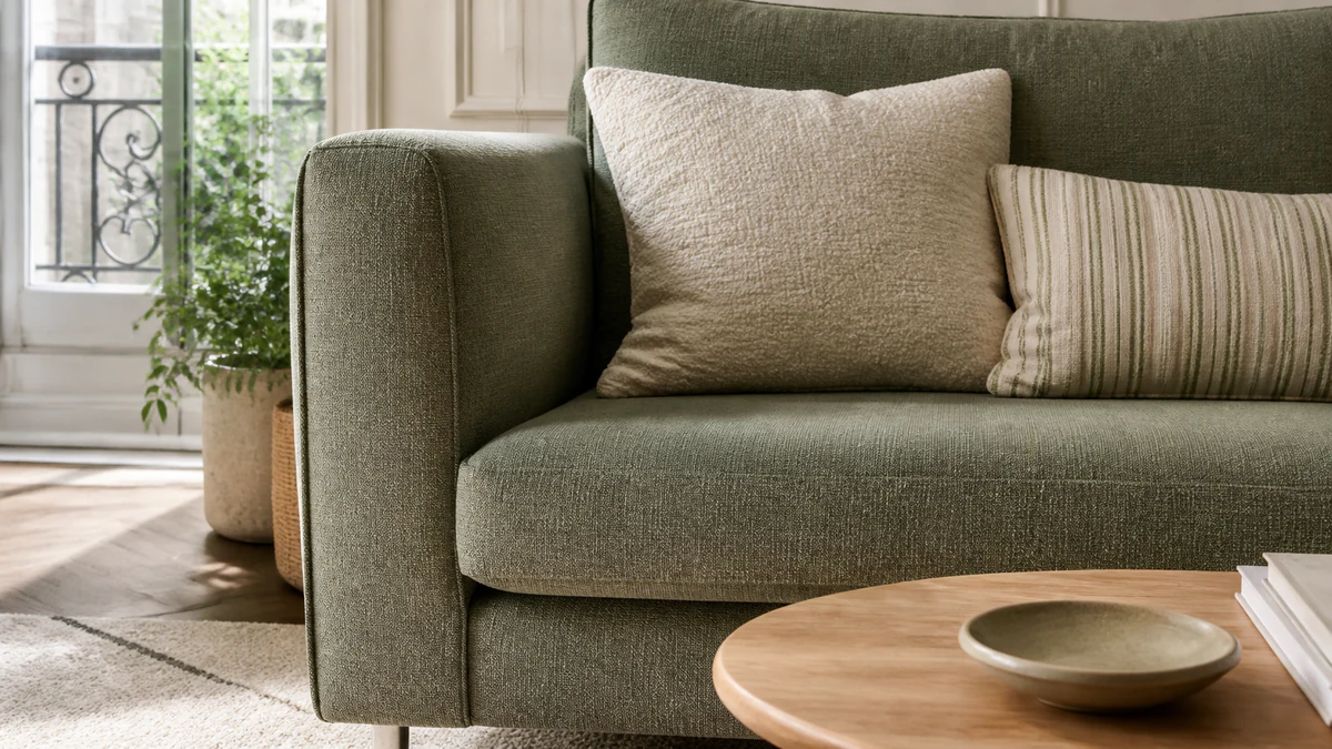 Coussins, tapis et matières assortis à un canapé vert sauge