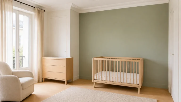 Chambre de bébé vert sauge lumineuse avec lit en bois clair, fauteuil crème et textiles naturels