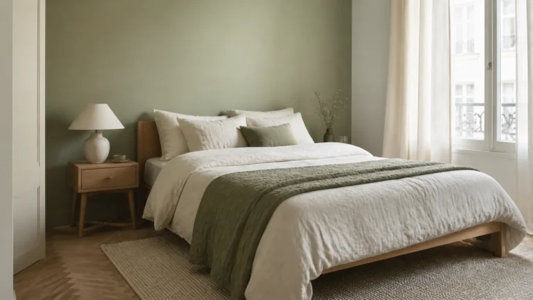 Chambre avec mur vert sauge, linge blanc et bois clair