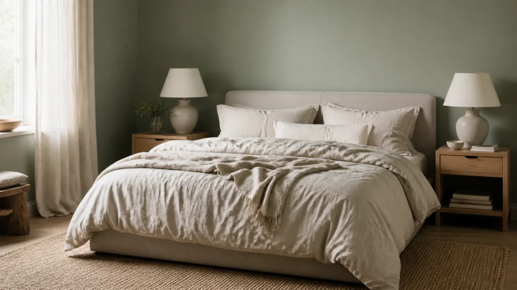 Chambre vert sauge avec linge de lit crème et tables de chevet en bois