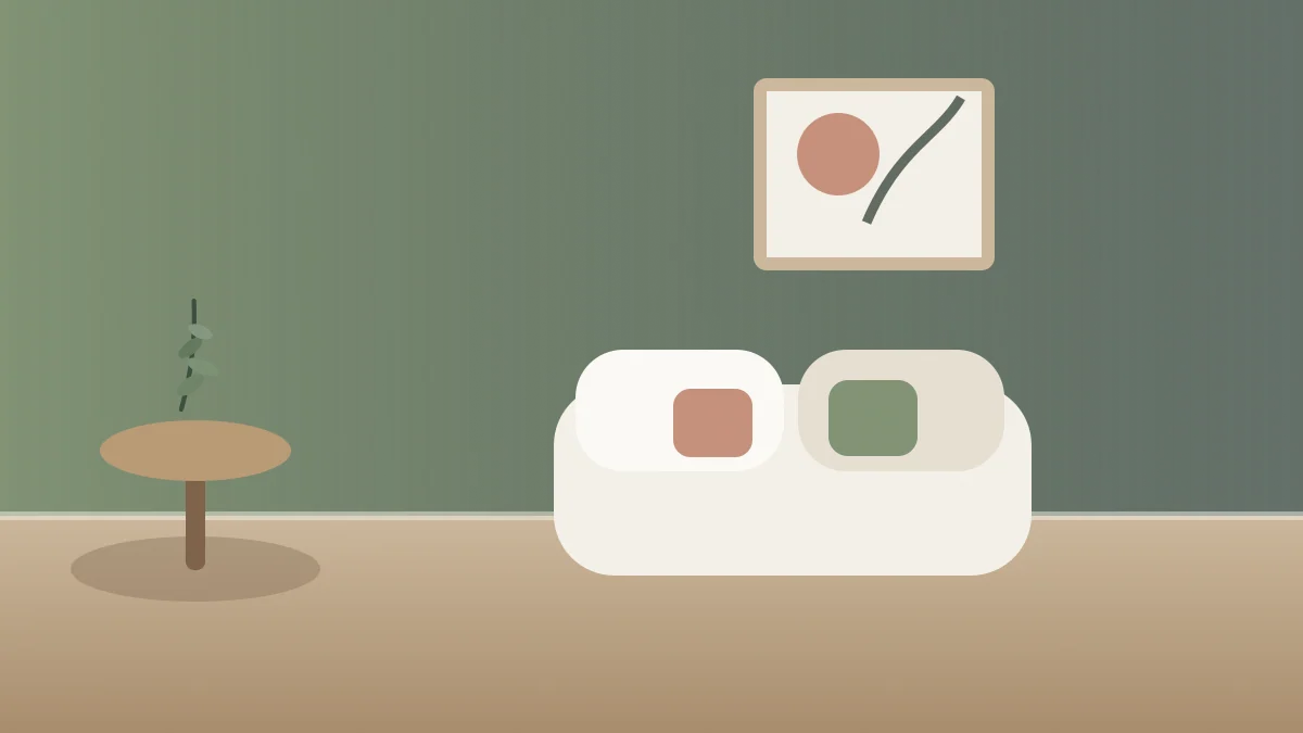 Chambre vert sauge avec linge de lit crème et bois clair