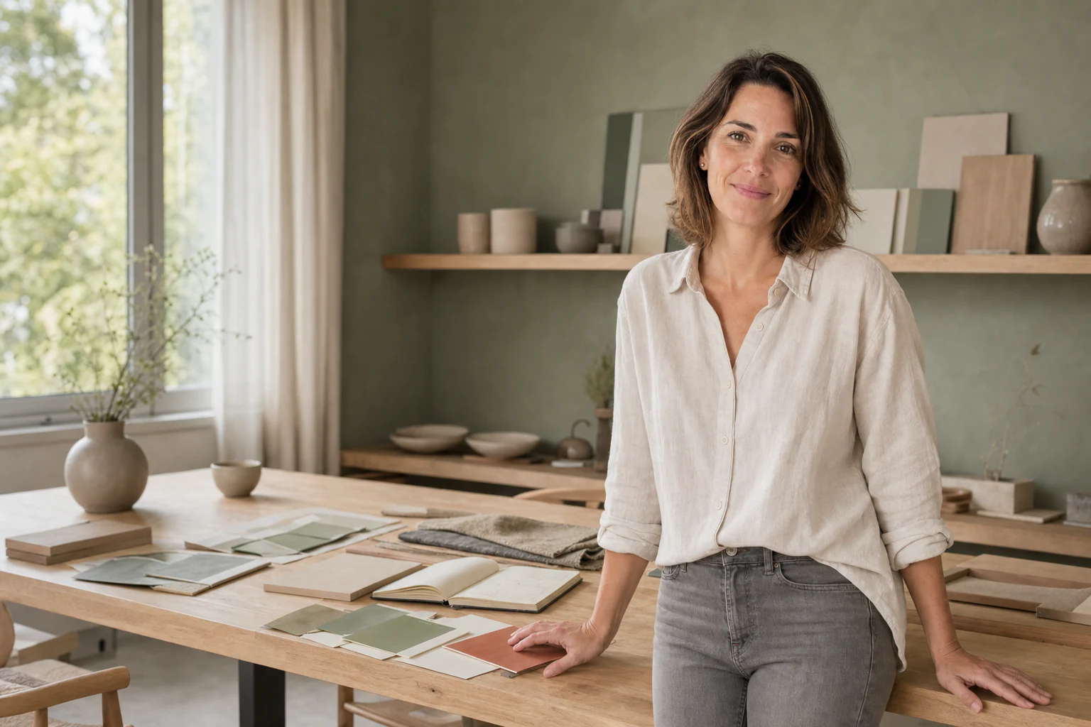 Clara Morel dans un atelier déco, devant une table de nuanciers et de matières naturelles