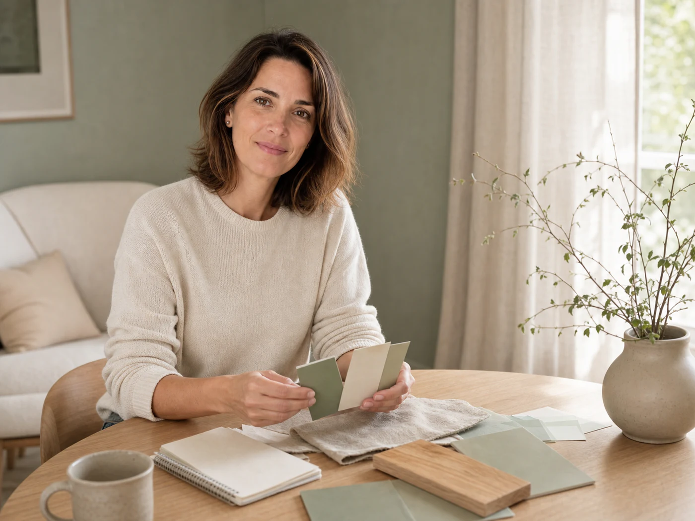 Clara Morel compose une palette vert sauge avec des échantillons de couleurs, de lin et de bois