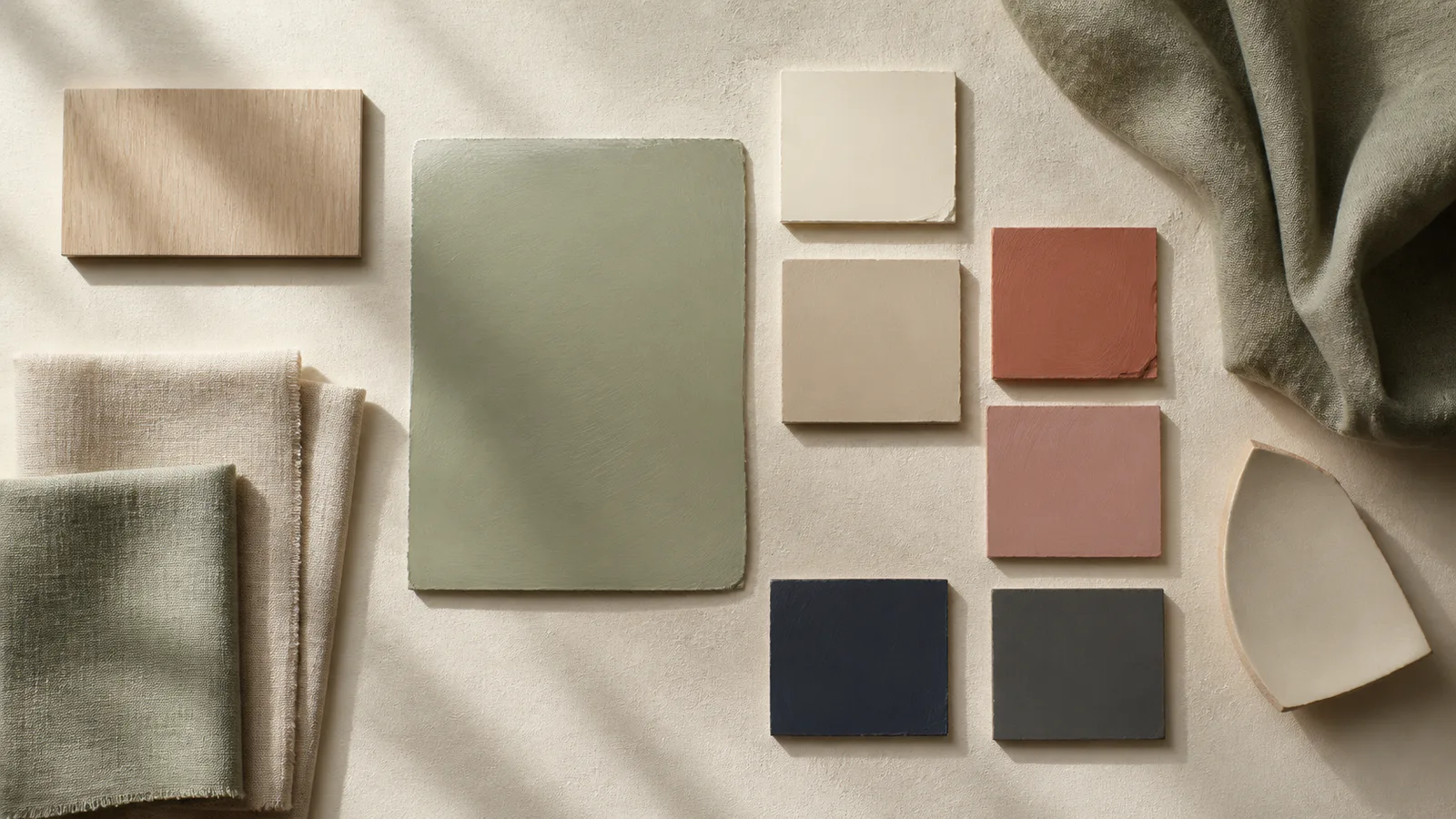 Échantillons de vert sauge, crème, bois et terracotta