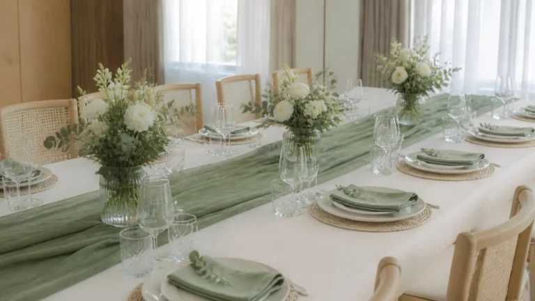 Table de baptême vert sauge avec linge crème, fleurs blanches, bois clair et bougies sobres
