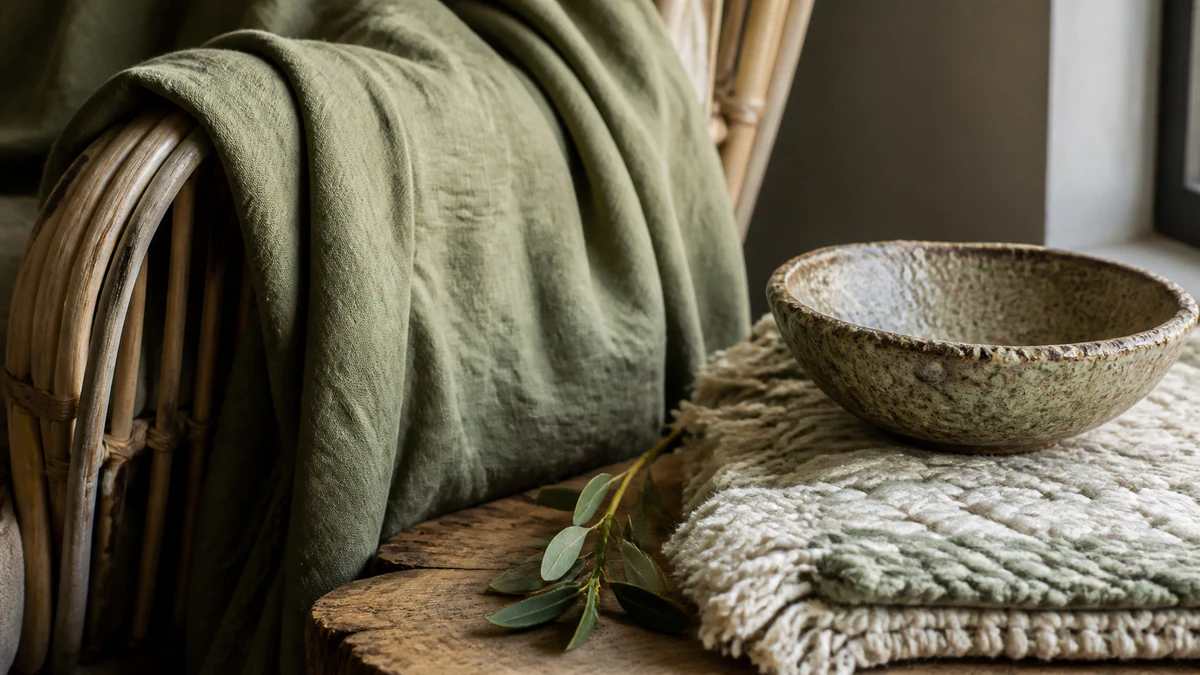 Matières naturelles pour une décoration bohème vert sauge