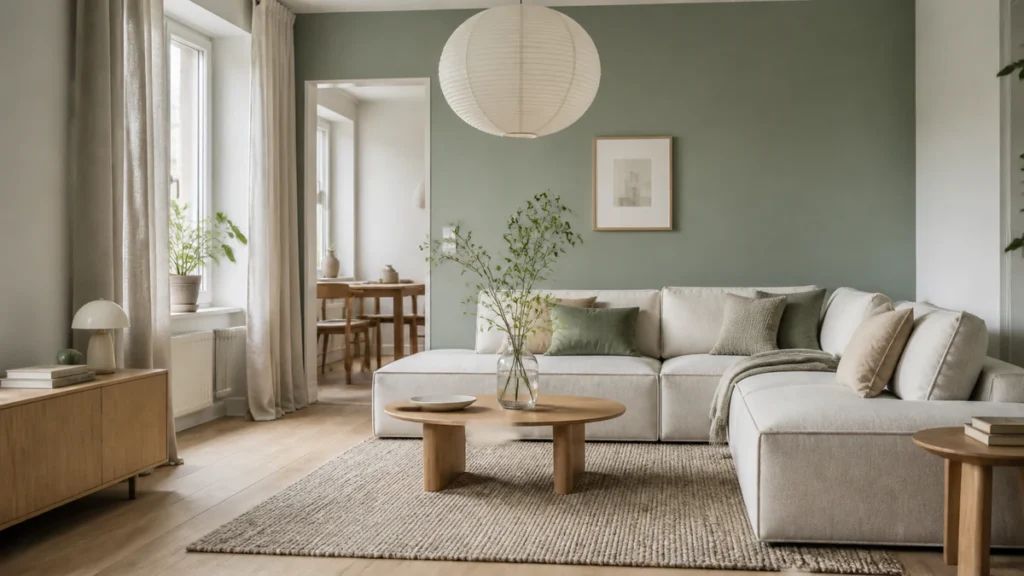 Salon scandinave vert sauge avec bois clair et lignes épurées