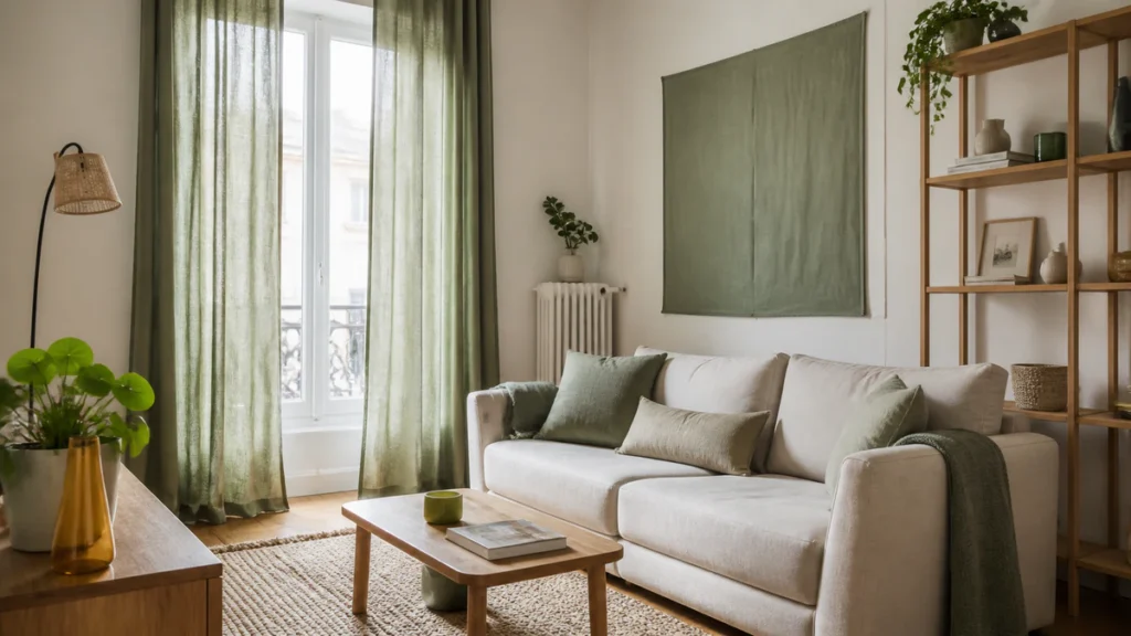 Appartement en location décoré en vert sauge et crème sans travaux lourds