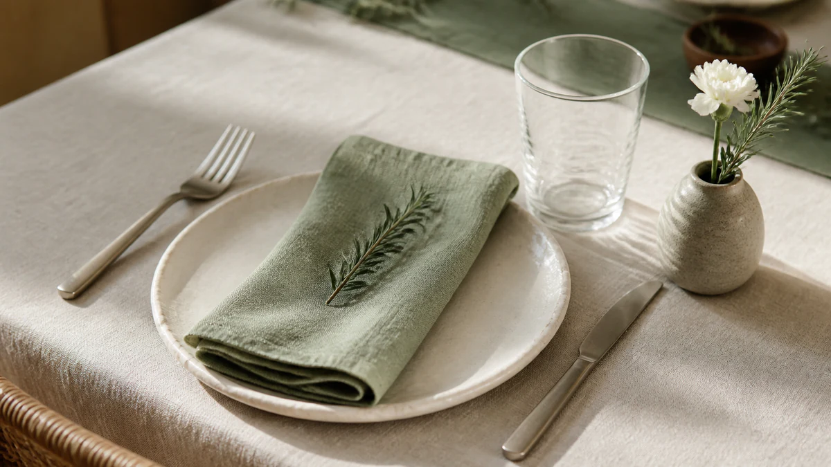 Serviettes, céramique et centre de table vert sauge