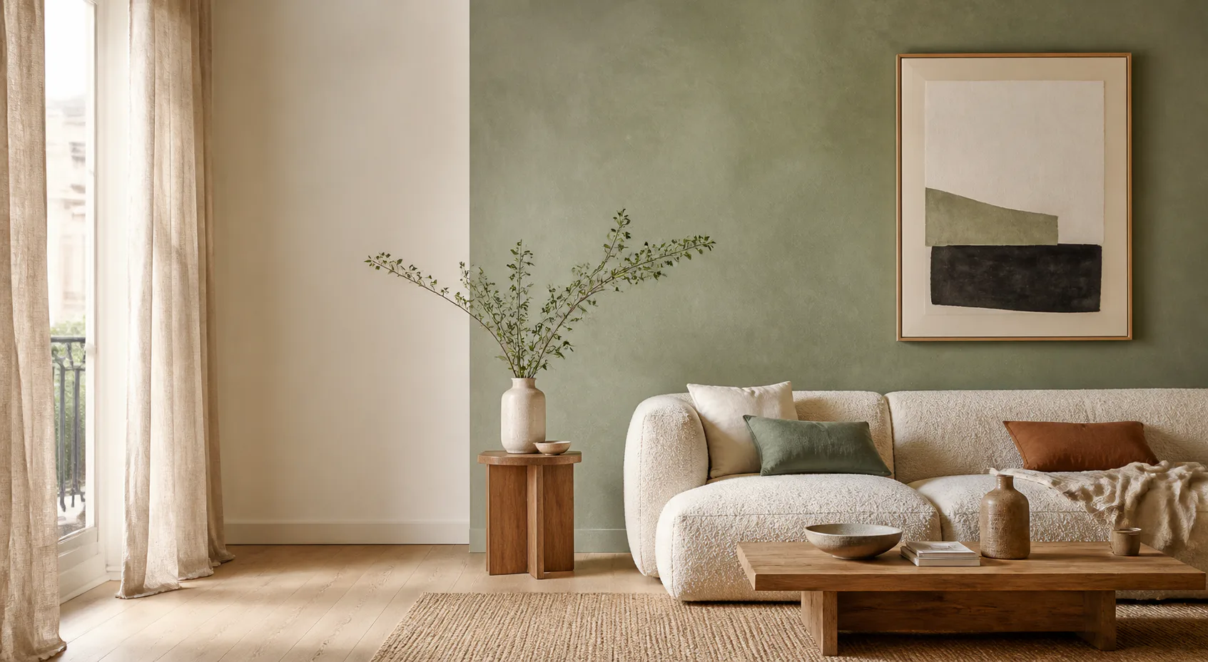 Salon lumineux avec mur vert sauge, canapé crème et bois clair