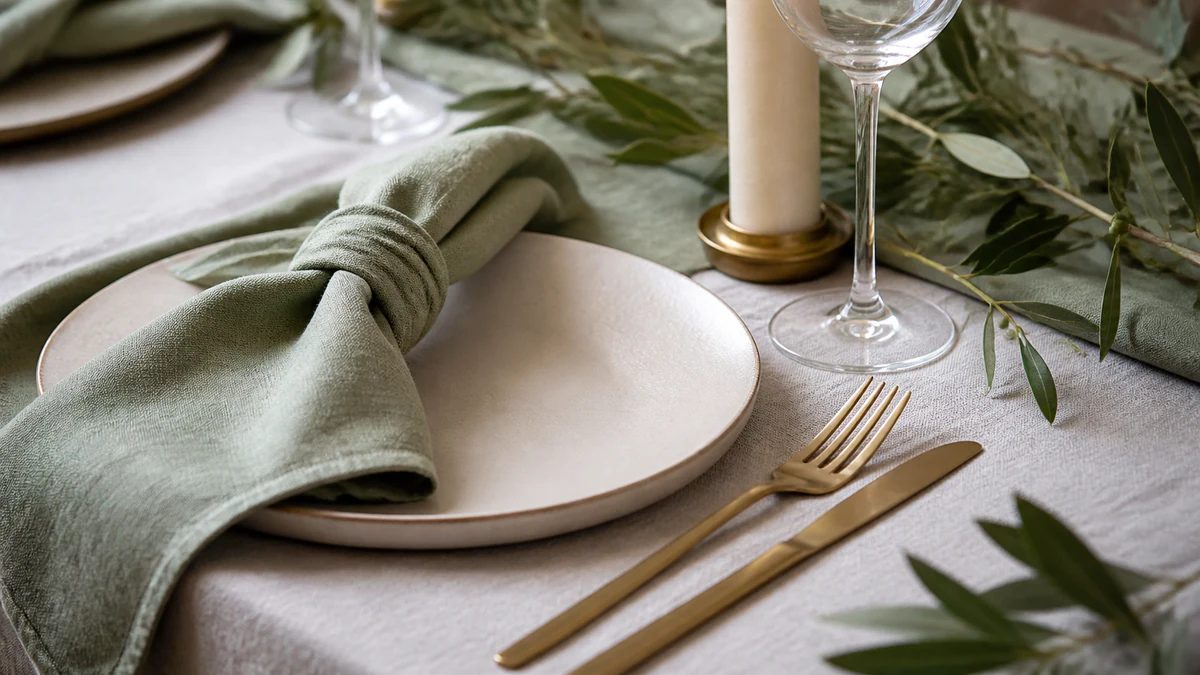Papeterie, rubans et fleurs dans une palette de mariage sauge