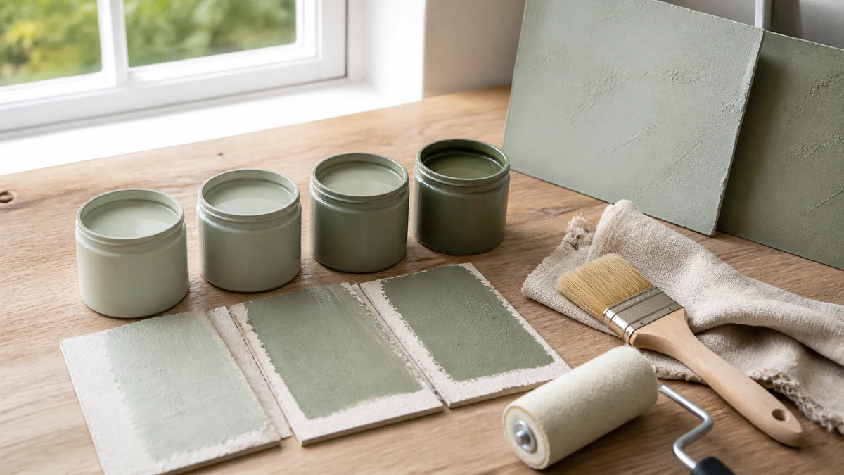 Échantillons de peintures vert sauge claires et grisées