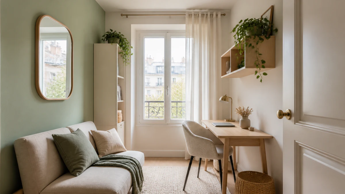 Petite entrée vert sauge avec miroir et rangement clair