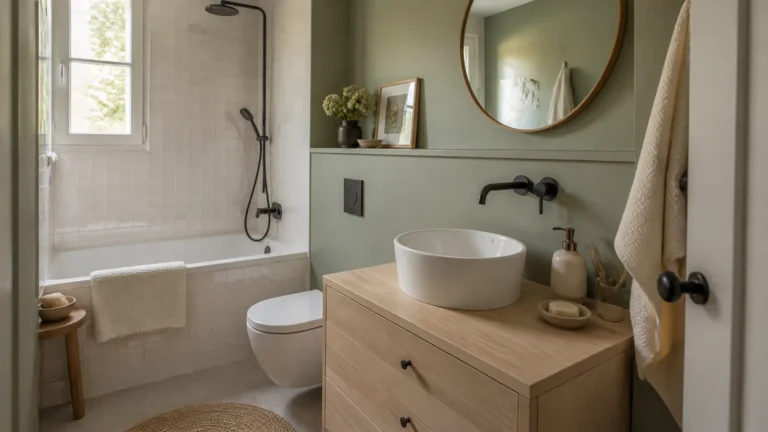 Petite salle de bain vert sauge, crème et bois clair