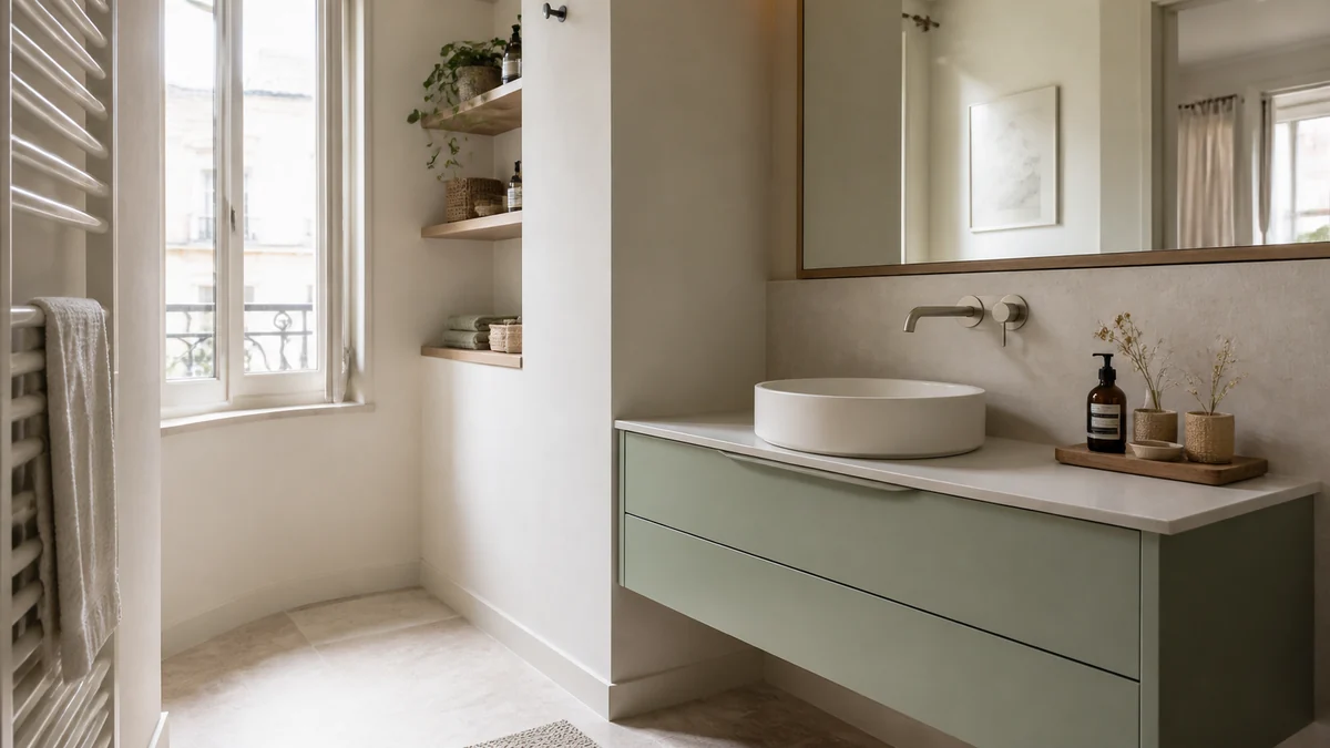 Salle de bain vert sauge avec meuble vasque coloré, carrelage crème et miroir lumineux