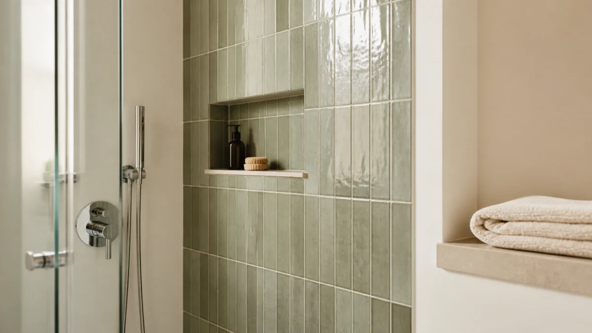 Zone de douche avec faïence vert sauge, joints clairs et surfaces crème
