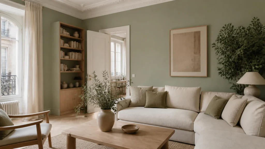 Salon lumineux avec mur vert sauge, canapé crème et bois clair