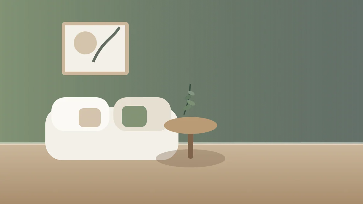 Salon vert sauge avec canapé crème et mobilier en bois clair