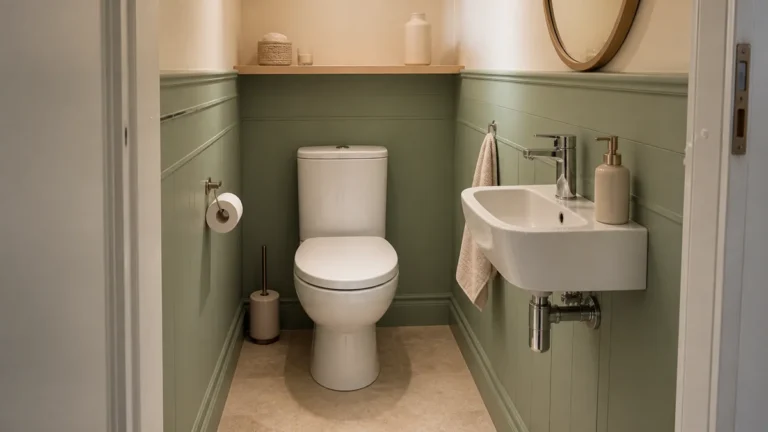 Toilettes vert sauge lumineuses avec soubassement coloré, mur crème, bois clair et petit miroir