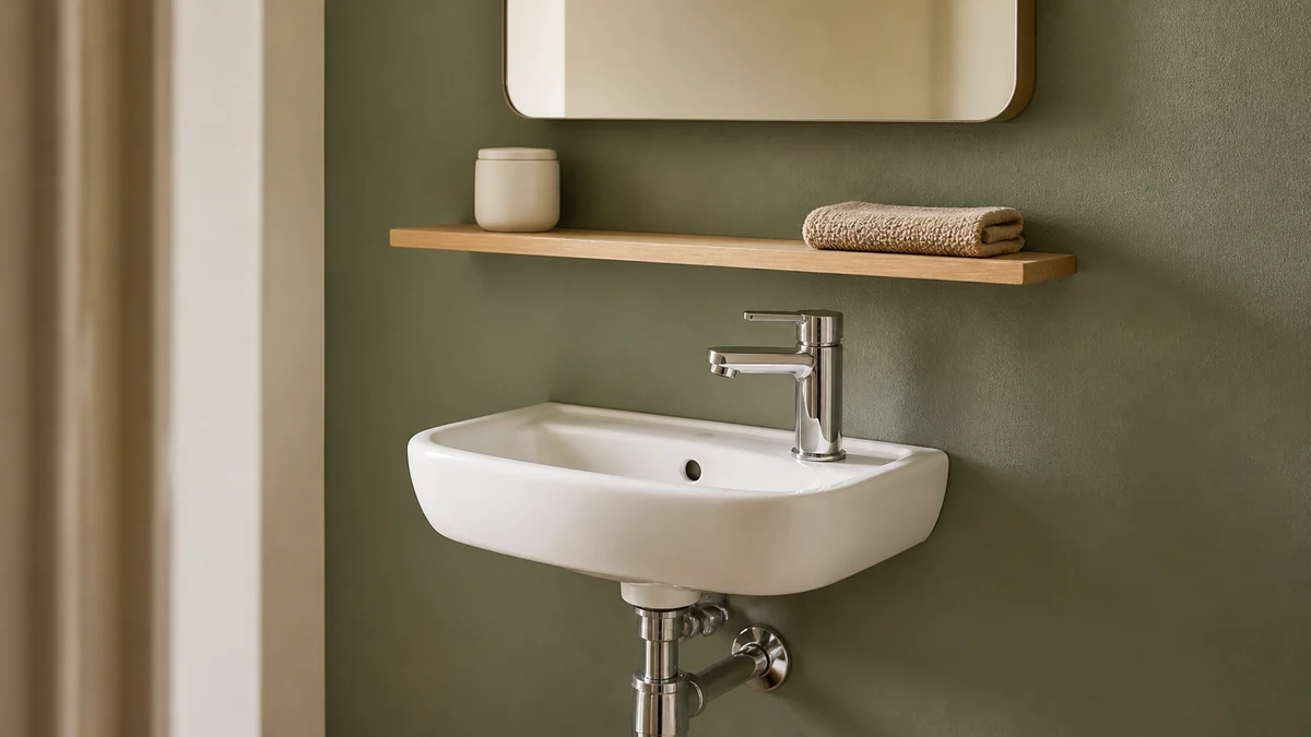 Lave-mains compact dans des toilettes vert sauge avec étagère en bois et carrelage clair