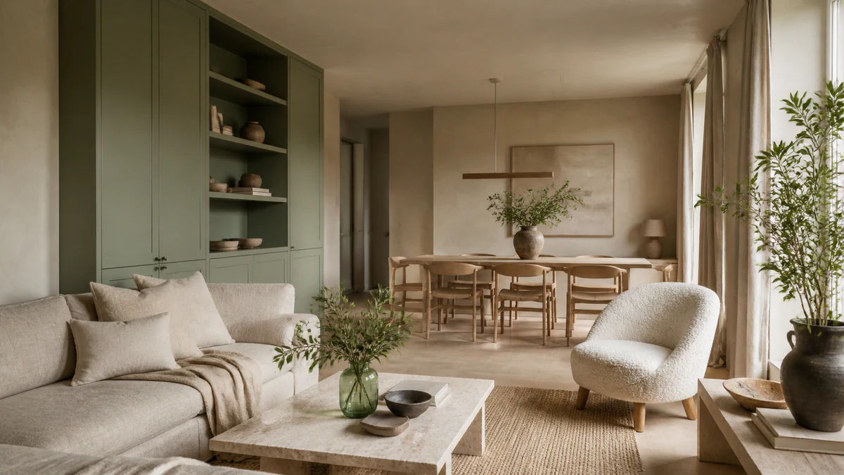 Palette vert sauge et beige avec bois et textile écru