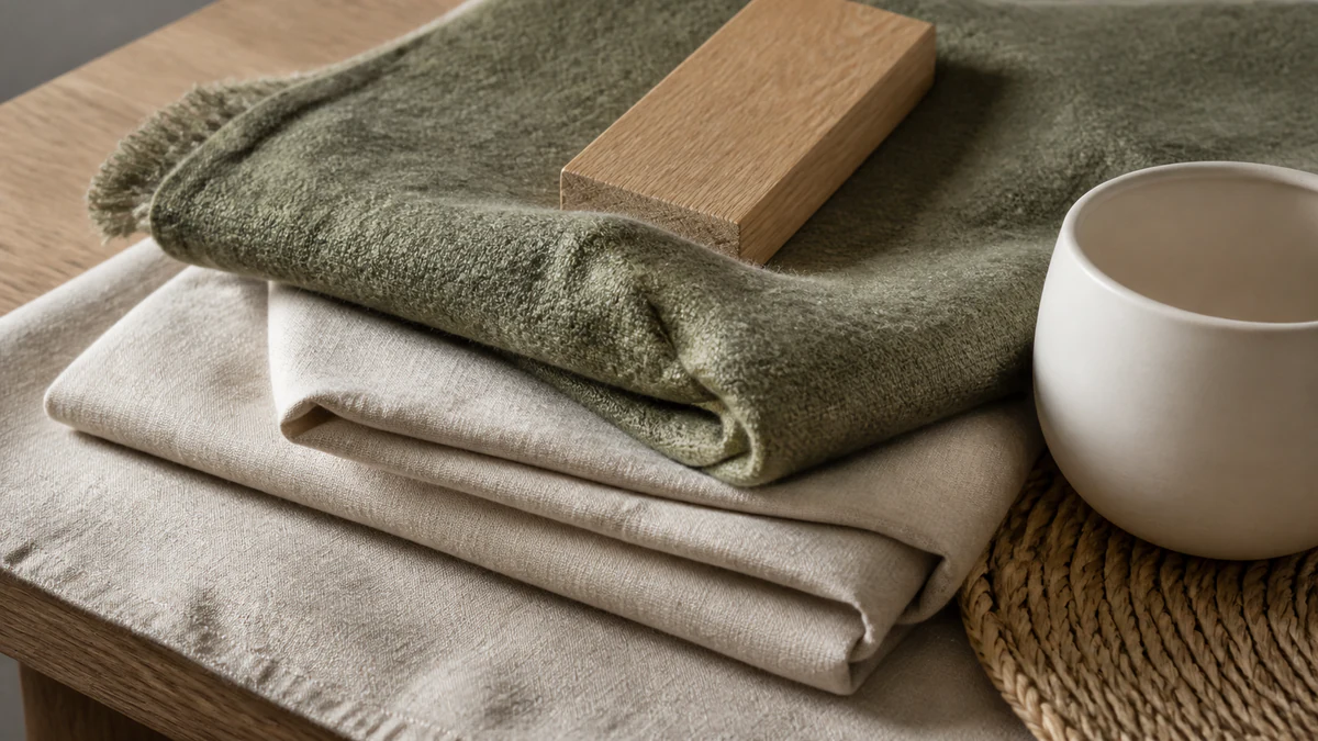 Échantillons de matières beige et vert sauge